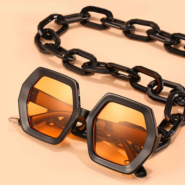 Fashion Punk Square Sunglasses Women Vintage Unique Chain Polygon ]Female Shades Large Frame