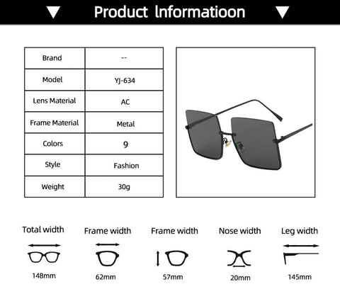 Rimless Sunglasses Women Retro Oversized Square Sun Glasses Half Metal Frame