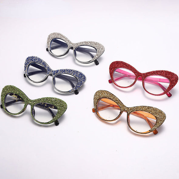 Shiny Cat Eye Anti Blue Light Glasses Rhinestone Decor Oversize Oval Clear Glasses Diamond Crystal Spectacles Optical Frame