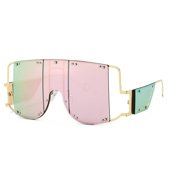 Metal Rivet Eyewear Oversized Mirror Square Sunglasses Men Women Shades Glasses Trend Unique Female UV400