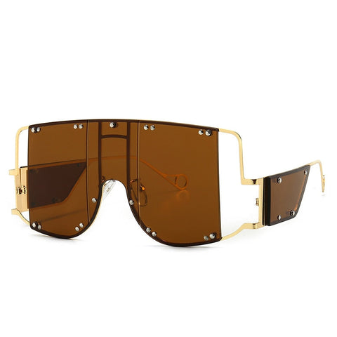 Metal Rivet Eyewear Oversized Mirror Square Sunglasses Men Women Shades Glasses Trend Unique Female UV400