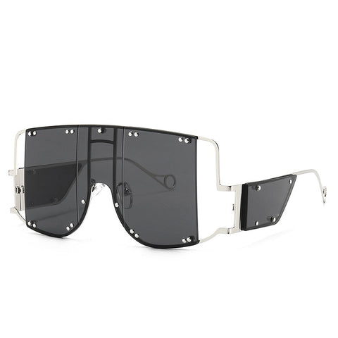 Metal Rivet Eyewear Oversized Mirror Square Sunglasses Men Women Shades Glasses Trend Unique Female UV400