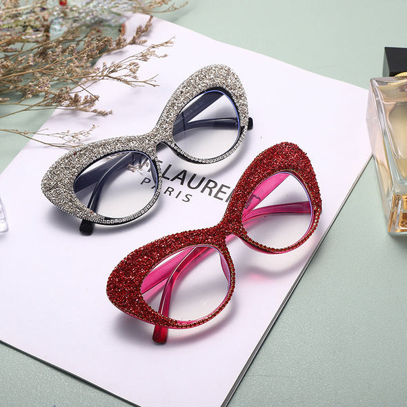 Shiny Cat Eye Anti Blue Light Glasses Rhinestone Decor Oversize Oval Clear Glasses Diamond Crystal Spectacles Optical Frame