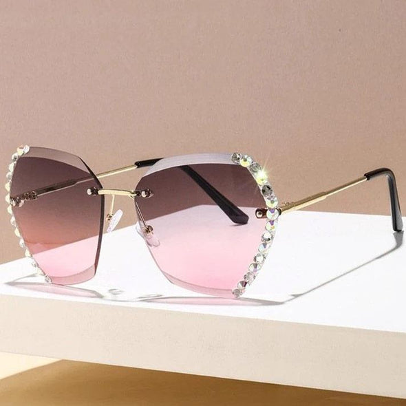 Retro Diamond Rimless Oversized Sun Glasses