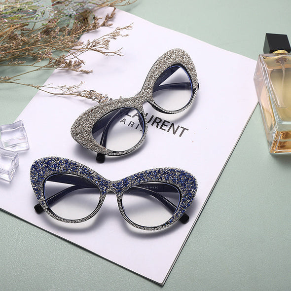Shiny Cat Eye Anti Blue Light Glasses Rhinestone Decor Oversize Oval Clear Glasses Diamond Crystal Spectacles Optical Frame