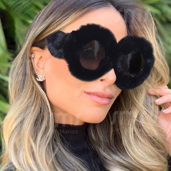 Steampunk Oversized Sunglasses Women Soft Fur Sun Glasses Men UV400 Gradient Goggle Shades Handmade Eyewear