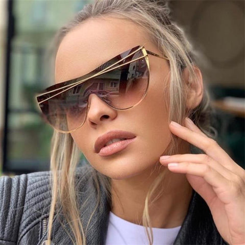 Gradient Brown One Piece Sunglasses Women 2021 Luxury Brand Glasses Metal Cross Designer Shades Big Sunglass UV400