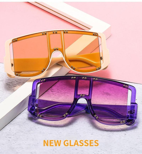 Retro Oversized Square Women Sunglasses Brand Designer Fashion Gradient One Piece Rivets Sun Glasses Men Shades UV400