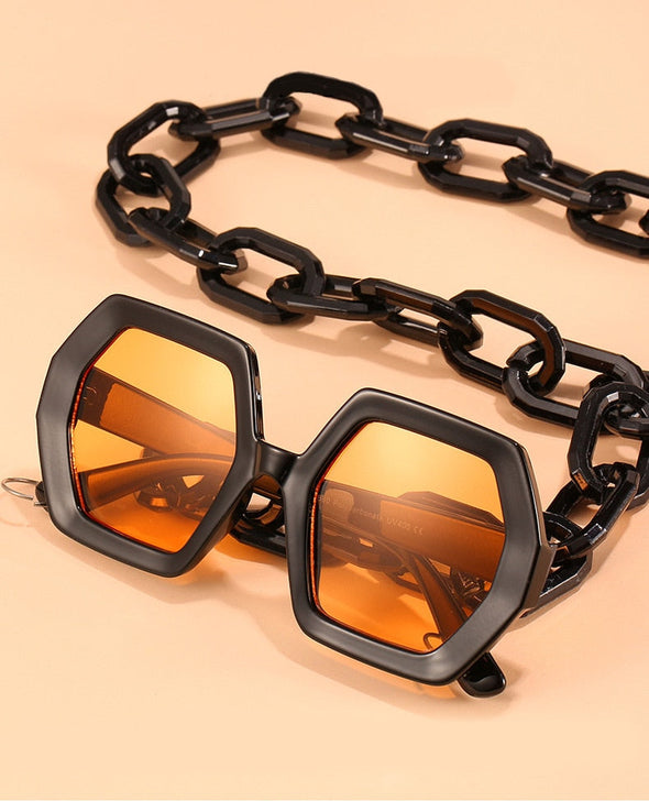 Fashion Punk Square Sunglasses Women Vintage Unique Chain Polygon ]Female Shades Large Frame