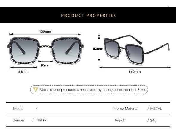 New Fashion Unique Metal Chain Sunglasses Women Brand Designer Vintage Square Sun Glasses Sent With No Chain