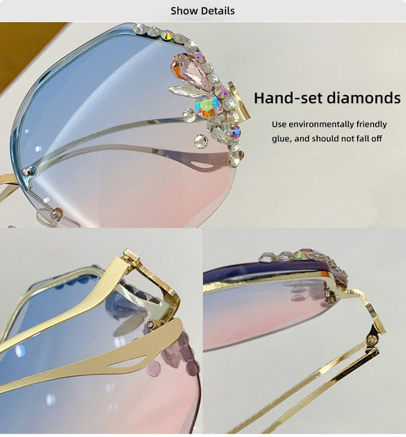 Diamond Sunglasses Women UV400 Rimless Vintage Sun Glasses Rhinestone Retro Sunglass Luxury Designer