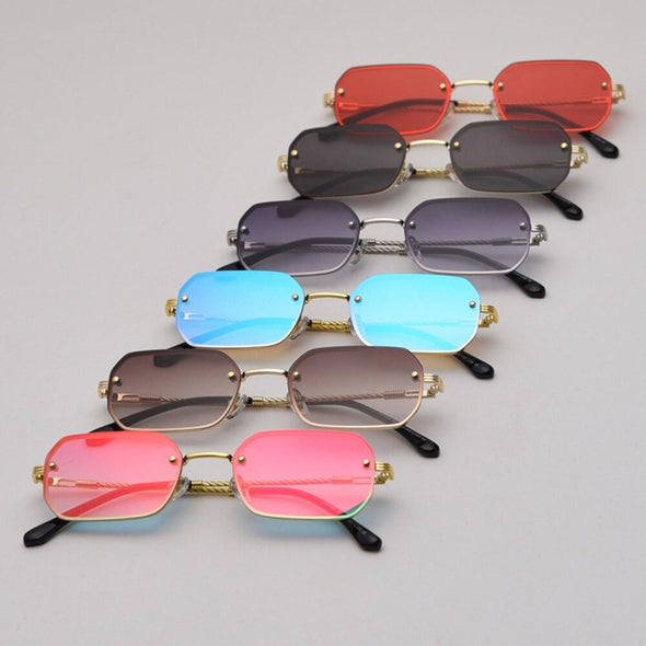 rectangle sunglasses men woman blue red mirror lens retro small metal frame glasses