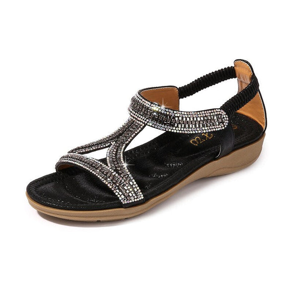 Zoloss Sandals Hollow Triangle Rhinestone Sandals Soft Bottom Wedge Flat
