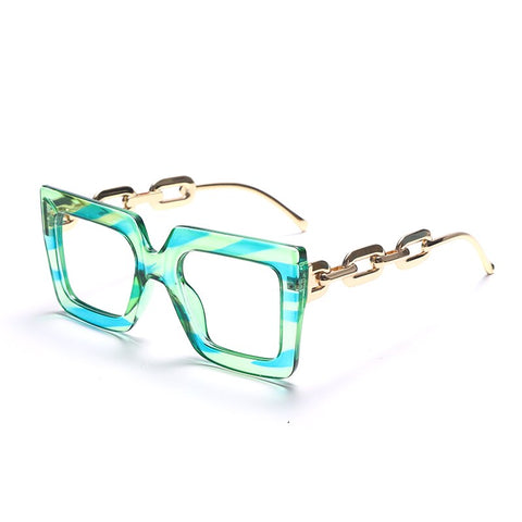 Oversize Square Anti Blue Light Glasses Punk Hollow Chain Arm Clear Lens Computer Glasses Black Leopard Jelly Blue Frame Eyewear