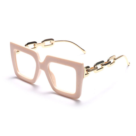 Oversize Square Anti Blue Light Glasses Punk Hollow Chain Arm Clear Lens Computer Glasses Black Leopard Jelly Blue Frame Eyewear