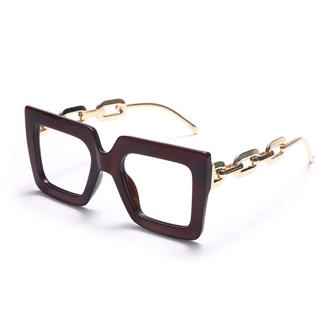 Oversize Square Anti Blue Light Glasses Punk Hollow Chain Arm Clear Lens Computer Glasses Black Leopard Jelly Blue Frame Eyewear