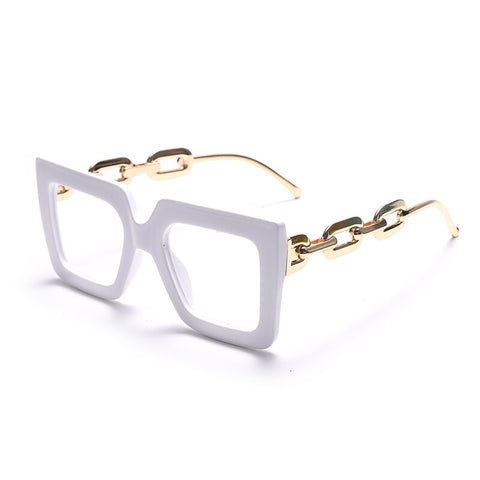 Oversize Square Anti Blue Light Glasses Punk Hollow Chain Arm Clear Lens Computer Glasses Black Leopard Jelly Blue Frame Eyewear