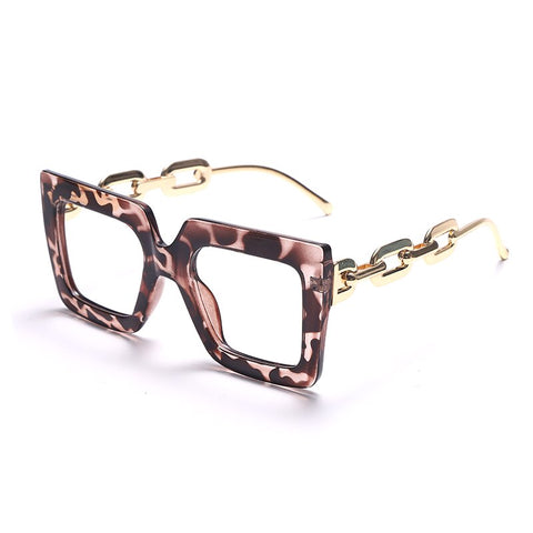 Oversize Square Anti Blue Light Glasses Punk Hollow Chain Arm Clear Lens Computer Glasses Black Leopard Jelly Blue Frame Eyewear