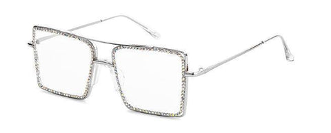 Rhinestone Glasses Fashion Transparent square  Crystal metal frame Myopia Nerd Glasses