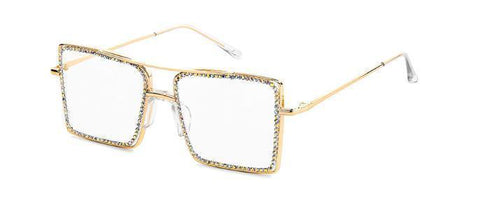 Rhinestone Glasses Fashion Transparent square  Crystal metal frame Myopia Nerd Glasses