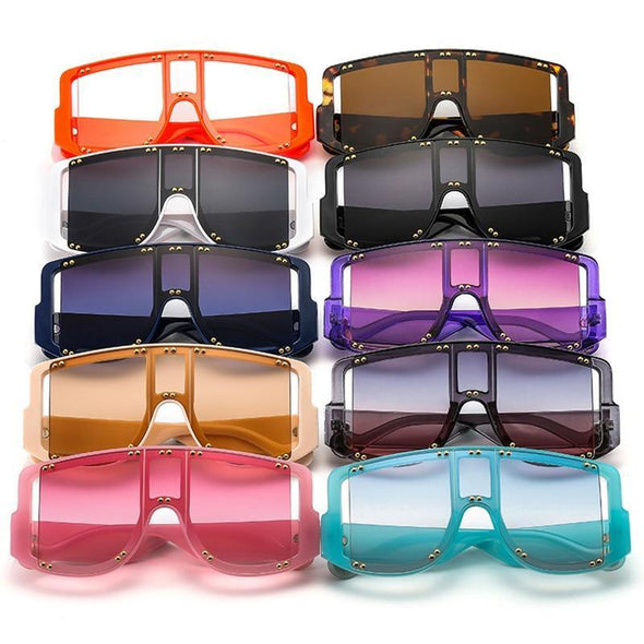 Retro Oversized Square Women Sunglasses Brand Designer Fashion Gradient One Piece Rivets Sun Glasses Men Shades UV400