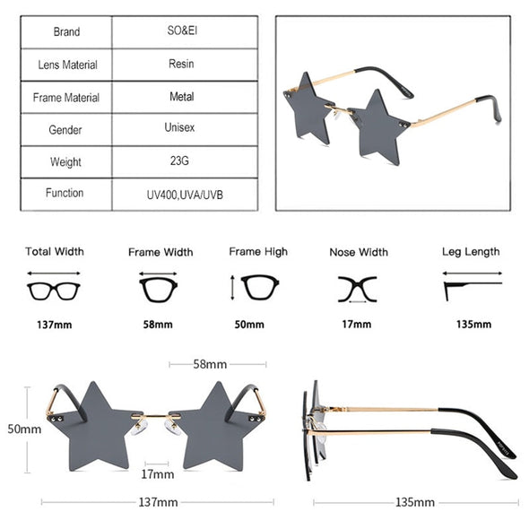 Vintage Unique Star Shape Mirror Rimless Sunglasses Women Fashion Clear Ocean Lens Eyewear Men Trending Sun Glasses Shades