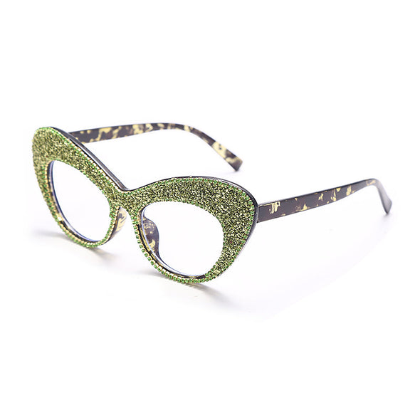 Shiny Cat Eye Anti Blue Light Glasses Rhinestone Decor Oversize Oval Clear Glasses Diamond Crystal Spectacles Optical Frame