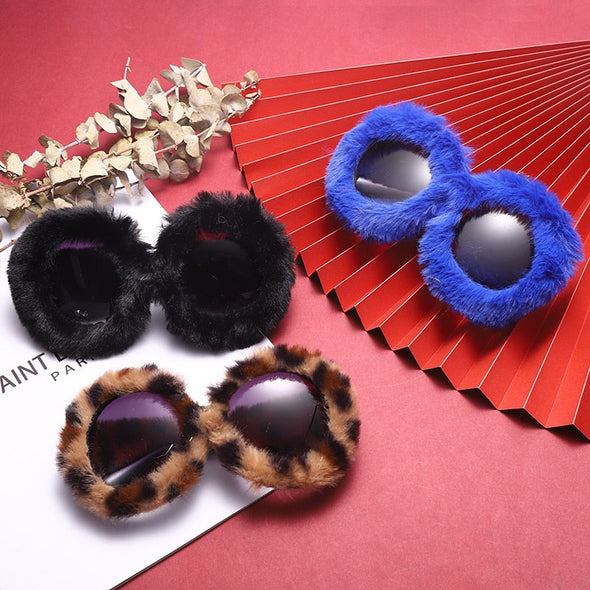 Steampunk Oversized Sunglasses Women Soft Fur Sun Glasses Men UV400 Gradient Goggle Shades Handmade Eyewear