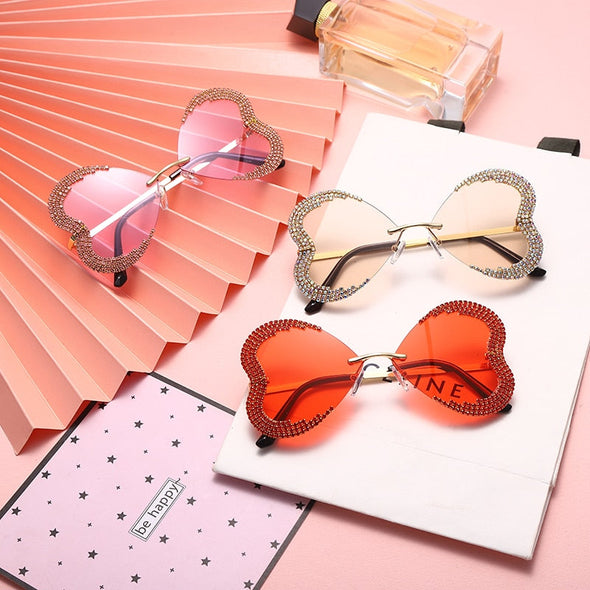 Unique Heart Rimless Sunglasses Women Luxury Brand Designer Glasses Shiny Diamond Eyewear Rhinestone Sunglasses Men