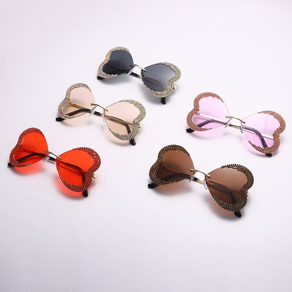 Unique Heart Rimless Sunglasses Women Luxury Brand Designer Glasses Shiny Diamond Eyewear Rhinestone Sunglasses Men