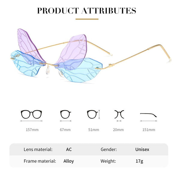 Vintage Butterfly Rimless Women Sunglasses Colorful Wing Frame Summer Fashion Eyeglasses UV400 Protective Shades Cycling Glasses