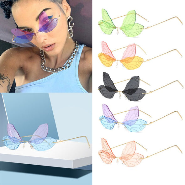 Vintage Butterfly Rimless Women Sunglasses Colorful Wing Frame Summer Fashion Eyeglasses UV400 Protective Shades Cycling Glasses
