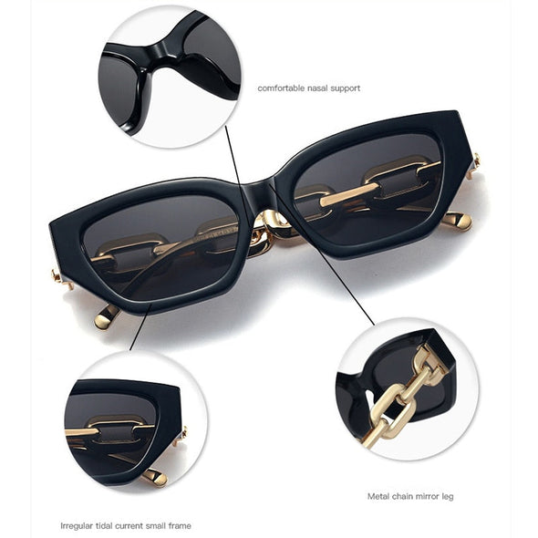 Vintage Cat Eye Sunglasses For Women New Brand Small Metal Chain Sunglasses Elegant Eyeglasses Trend Fashion Black Shades