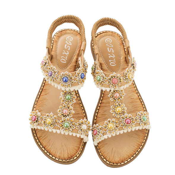 Zoloss Bohemian Colored Pearls Comfortable Flat Sandals