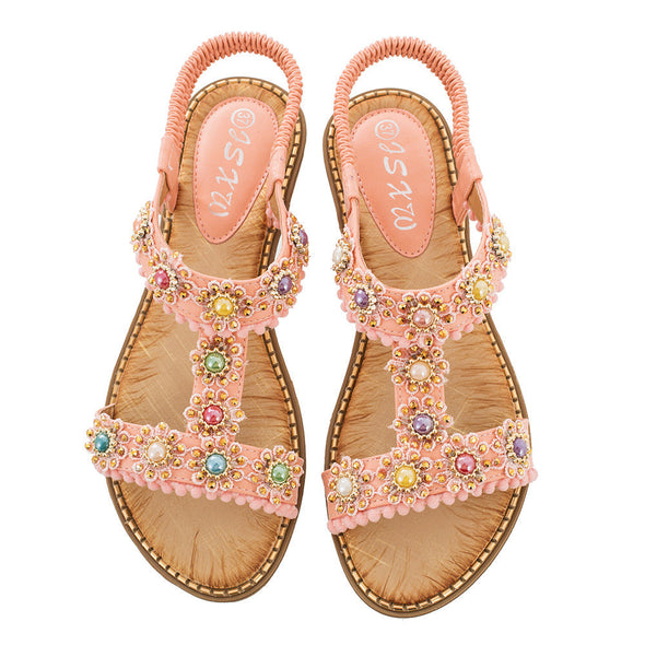 Zoloss Bohemian Colored Pearls Comfortable Flat Sandals