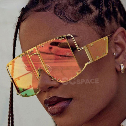 Metal Rivet Eyewear Oversized Mirror Square Sunglasses Men Women Shades Glasses Trend Unique Female UV400