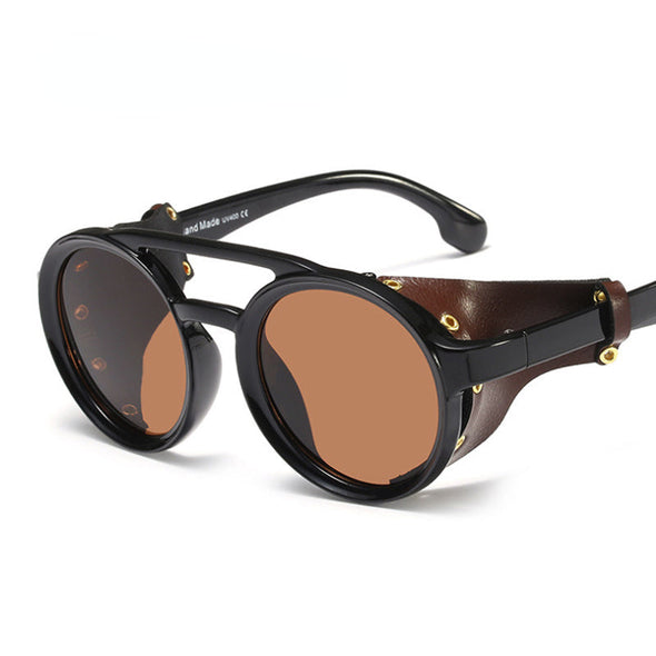 Leather Retro Rivet Round Punk Sunglasses Men Vintage Steampunk Shades Women