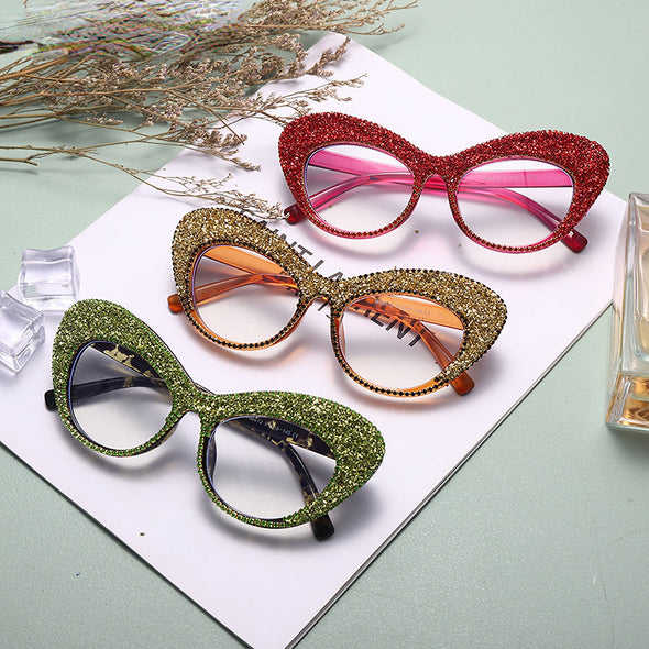 Shiny Cat Eye Anti Blue Light Glasses Rhinestone Decor Oversize Oval Clear Glasses Diamond Crystal Spectacles Optical Frame