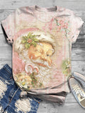 Pink Vintage Santa Print Crew Neck T-Shirt