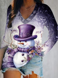Purple Snowman Print V-Neck Long Sleeve Top