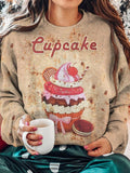 Retro Cupcake Print Round Neck Long Sleeve Top