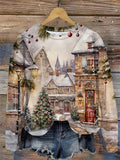 Vintage Snowy Christmas Scenery Print Round Neck Long Sleeve Top
