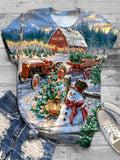 Christmas Tree Farm And Snowman Print Crew Neck T-shirt