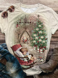 Vintage Christmas Baby Print Crew Neck T-Shirt