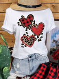 Heart Check Leopard Print Crew Neck T-Shirt
