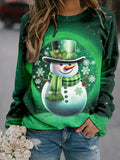 Green Top Hat Snowman Long Sleeve Casual Top