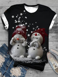 Christmas Cute Snowman Print Round Neck T-Shirt