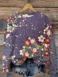 Plum Blossoms Print Round Neck Long Sleeve Top