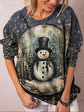 Gothic Christmas Snowman Print Round Neck Long Sleeve Top