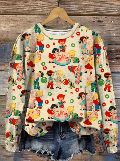 Retro Candy Shop Print Crew Neck Long Sleeve Top